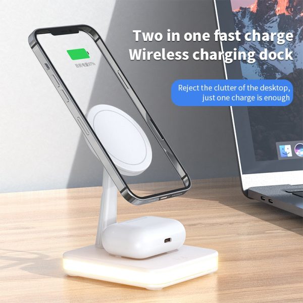 JJT-992 3 in 1 Magnetic Wireless Charger with USB Output for iPhone   AirPods LED Light Charging Base For Sale