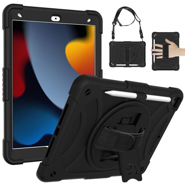 For iPad 10.2 (2021)   (2019)   (2020) Shockproof Case Anti-Scratch Rotating Kickstand Case with Shoulder Strap Portable Silicone+PC Tablet Case Online Sale