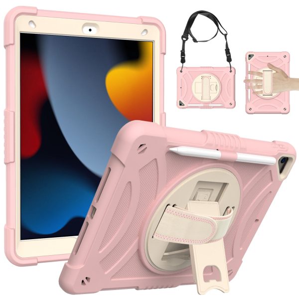 For iPad 10.2 (2021)   (2019)   (2020) Shockproof Case Anti-Scratch Rotating Kickstand Case with Shoulder Strap Portable Silicone+PC Tablet Case Online Sale