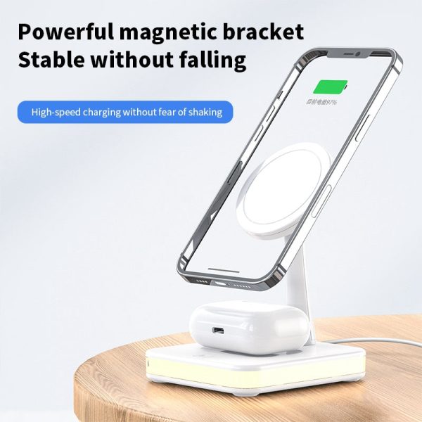 JJT-992 3 in 1 Magnetic Wireless Charger with USB Output for iPhone   AirPods LED Light Charging Base For Sale