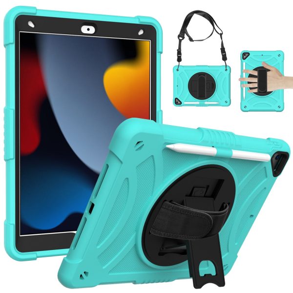 For iPad 10.2 (2021)   (2019)   (2020) Shockproof Case Anti-Scratch Rotating Kickstand Case with Shoulder Strap Portable Silicone+PC Tablet Case Online Sale