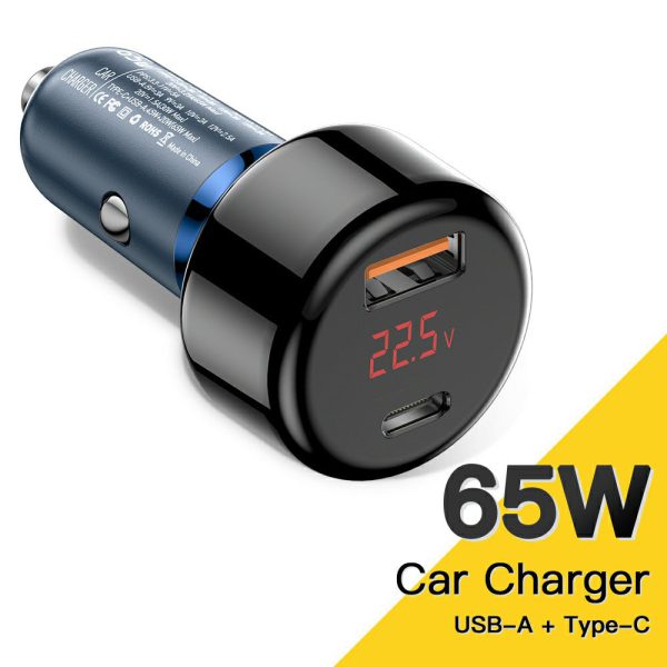 ESSAGER 65W Car Charger USB-A + Type-C Dual Port Car Charger Adapter with Digital Display Compatible with Huawei, Samsung, Xiaomi Supply