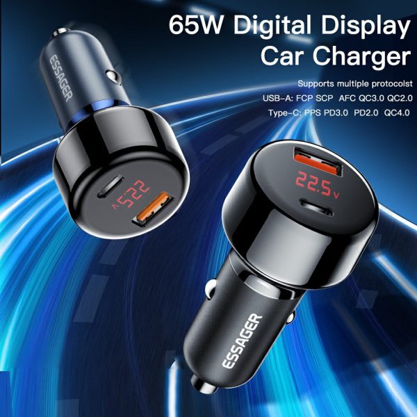 ESSAGER 65W Car Charger USB-A + Type-C Dual Port Car Charger Adapter with Digital Display Compatible with Huawei, Samsung, Xiaomi Supply