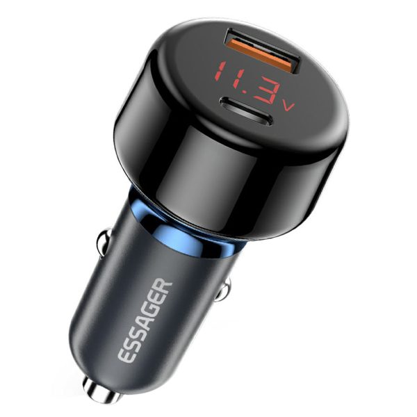 ESSAGER 65W Car Charger USB-A + Type-C Dual Port Car Charger Adapter with Digital Display Compatible with Huawei, Samsung, Xiaomi Supply