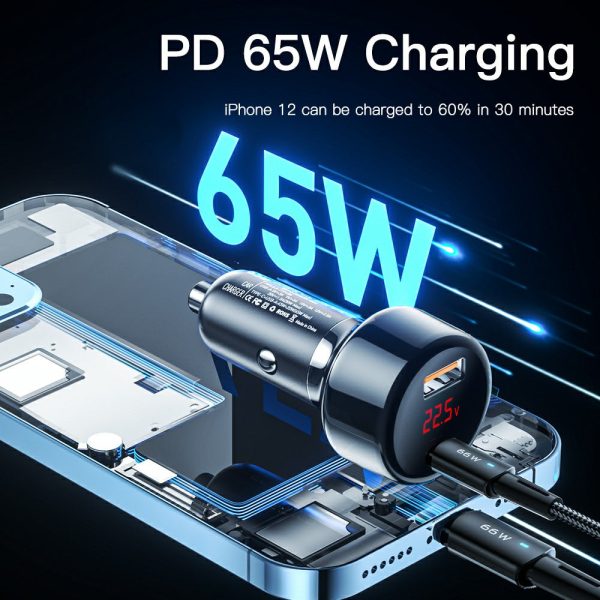 ESSAGER 65W Car Charger USB-A + Type-C Dual Port Car Charger Adapter with Digital Display Compatible with Huawei, Samsung, Xiaomi Supply