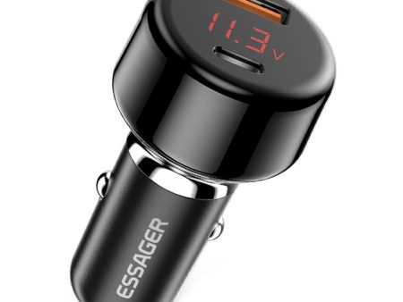 ESSAGER 65W Car Charger USB-A + Type-C Dual Port Car Charger Adapter with Digital Display Compatible with Huawei, Samsung, Xiaomi Supply