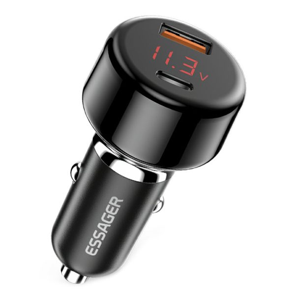 ESSAGER 65W Car Charger USB-A + Type-C Dual Port Car Charger Adapter with Digital Display Compatible with Huawei, Samsung, Xiaomi Supply